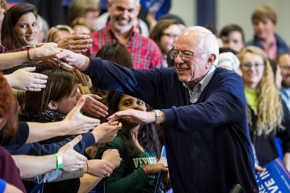 PHOTO: Democratic presidential candidate Sen. Bernie Sanders shakes hands with audience members after speaking at a campaign rally at Great Bay Community College on Feb. 7, 2016, in Portsmouth, New Hampshire.