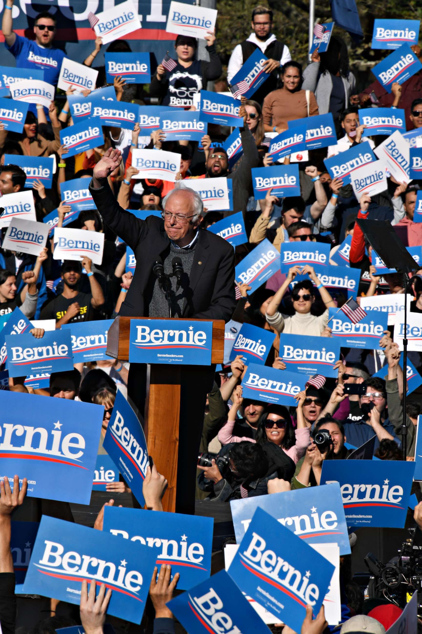 PHOTO: Democratic Presidential hopeful Sen. Bernie Sanders speaks during a Bernies Back rally at Queensbridge Park, in New York City, Oct. 19, 2019.