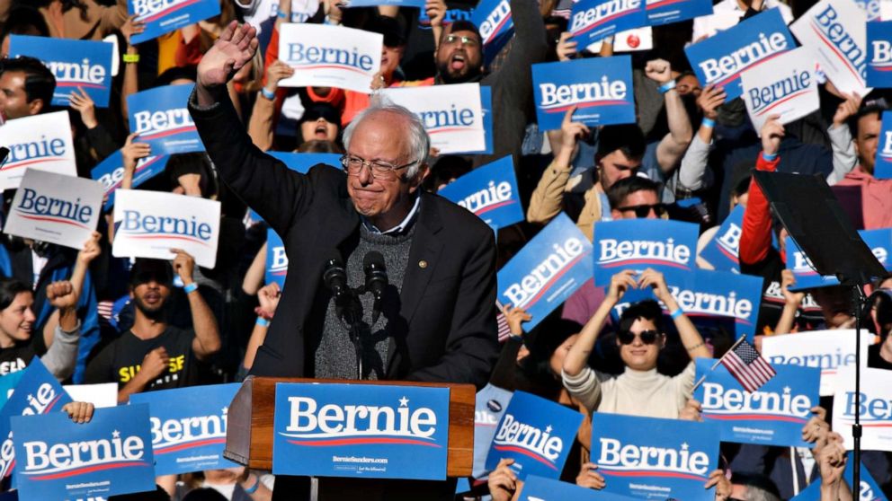 PHOTO: Democratic Presidential hopeful Sen. Bernie Sanders speaks during a Bernies Back rally at Queensbridge Park, in New York City, Oct. 19, 2019.
