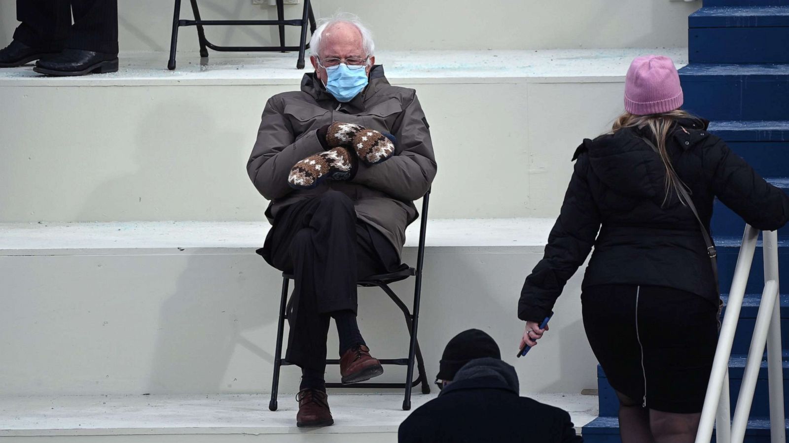 PHOTO: Former presidential candidate, Senator Bernie Sanders, sits in the bleachers on Capitol Hill before Joe Biden is sworn in as the 46th President on Jan. 20, 2021, at the US Capitol in Washington, D.C.