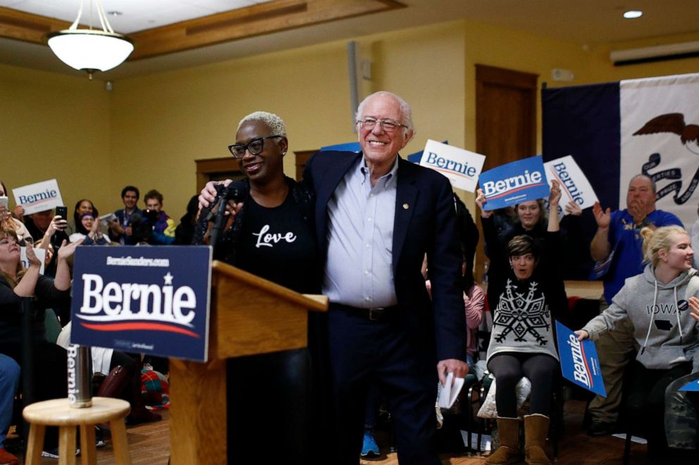PHOTO: Democratic presidential candidate Sen. Bernie Sanders stands with former Ohio state Sen. Nina Turner during a campaign event, Jan. 4, 2020, in Mason City, Iowa.