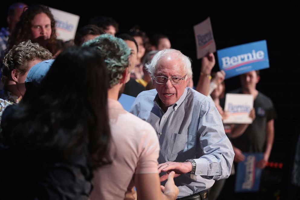 PHOTO: Democratic presidential candidate Senator Bernie Sanders hosts a campaign rally at the Fairfield Arts and Convention Center on April 06, 2019, in Fairfield, Iowa.