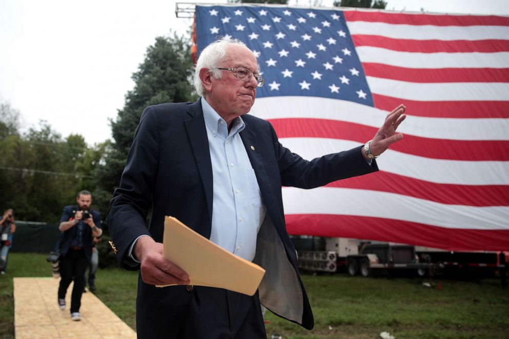 PHOTO: Democratic presidential candidate, Sen. Bernie Sanders greets guests at the Polk County Democrats Steak Fry on Sept. 21, 2019 in Des Moines, Iowa.