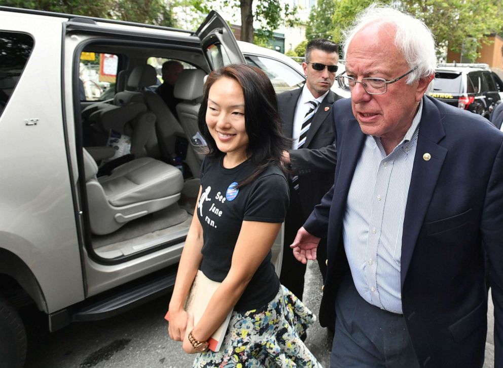 PHOTO: Sen. Bernie Sanders walks with San Francisco Supervisor Jane Kim in San Francisco during Sanders' 2016 run for the presidency on June 7, 2016.