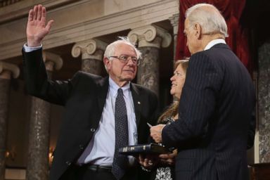 PHOTO: Sen. Bernie Sanders participates in a reenacted swearing-in with his wife Jane OÃ?Meara Sanders and Vice President Joe Biden in the Old Senate Chamber at the U.S. Capitol, Jan. 3, 2013 in Washington.