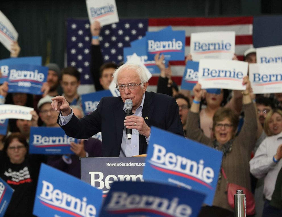 PHOTO: Democratic presidential candidate Sen. Bernie Sanders speaks at a campaign rally on Feb. 4, 2020, in Milford, N.H.
