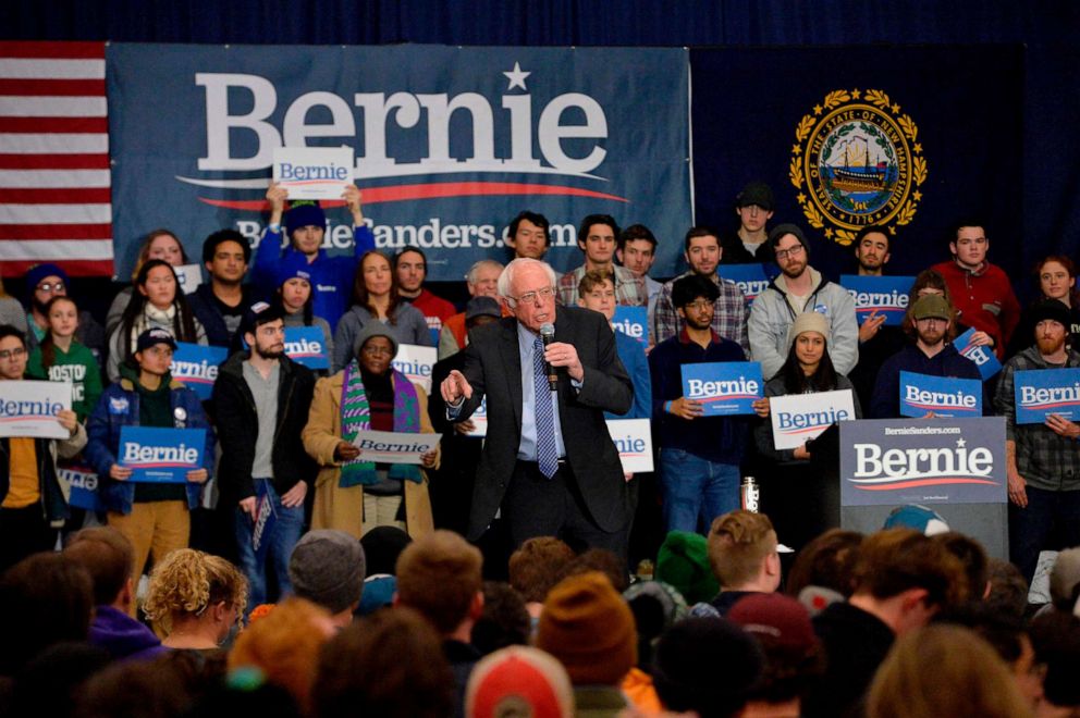 PHOTO: Presidential candidate Sen. Bernie Sanders speaks at a rally at Keene State College in Keene, N.H., on Feb. 9, 2020.