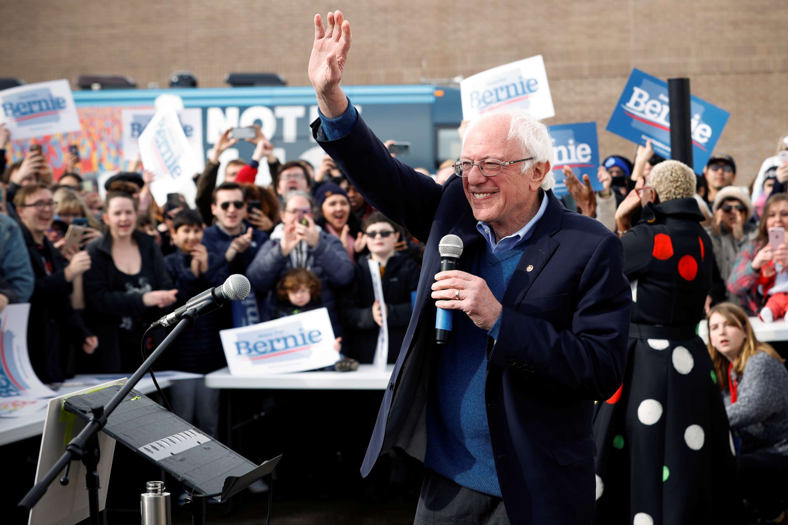 PHOTO: Democratic presidential candidate Sen. Bernie Sanders speaks to supporters at a campaign field office in Cedar Rapids, Iowa, Feb. 2, 2020.