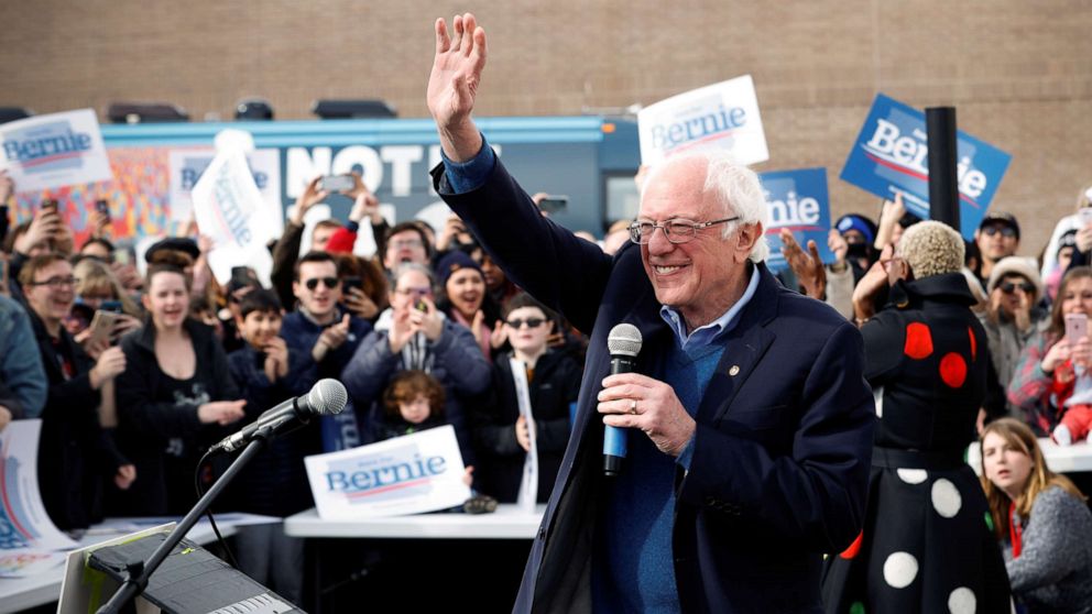 PHOTO: Democratic presidential candidate Sen. Bernie Sanders speaks to supporters at a campaign field office in Cedar Rapids, Iowa, Feb. 2, 2020.