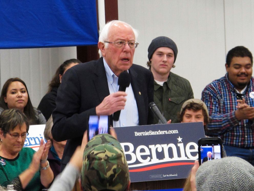 PHOTO: Democratic presidential hopeful Bernie Sanders speaks before about 200 people at a rally at a community center on tribal land in Carson City, Nev., Monday, Dec. 9, 2019. 