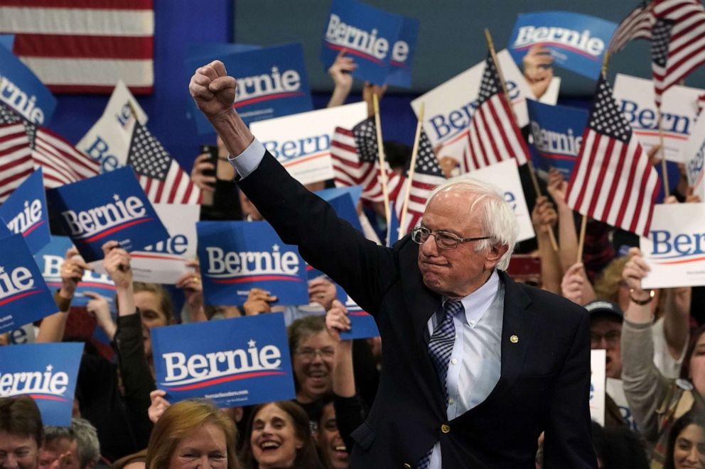 PHOTO: Democratic presidential hopeful Vermont Senator Bernie Sanders arrives to speak at a Primary Night event at the SNHU Field House in Manchester, New Hampshire, Feb. 11, 2020.