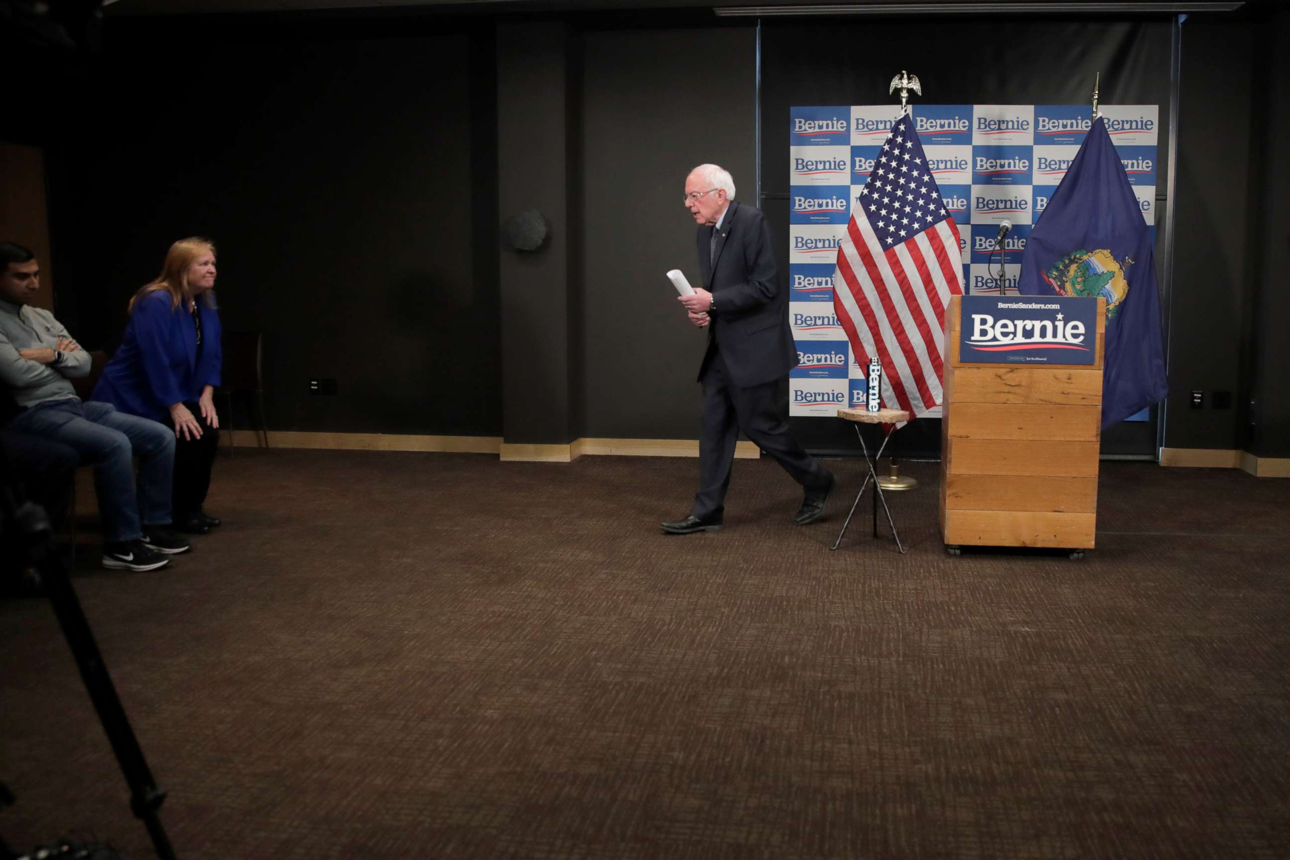 PHOTO: Democratic presidential candidate Sen. Bernie Sanders, I-Vt., walks from the podium after speaking to reporters about coronavirus Thursday, March 12, 2020, in Burlington, Vt.