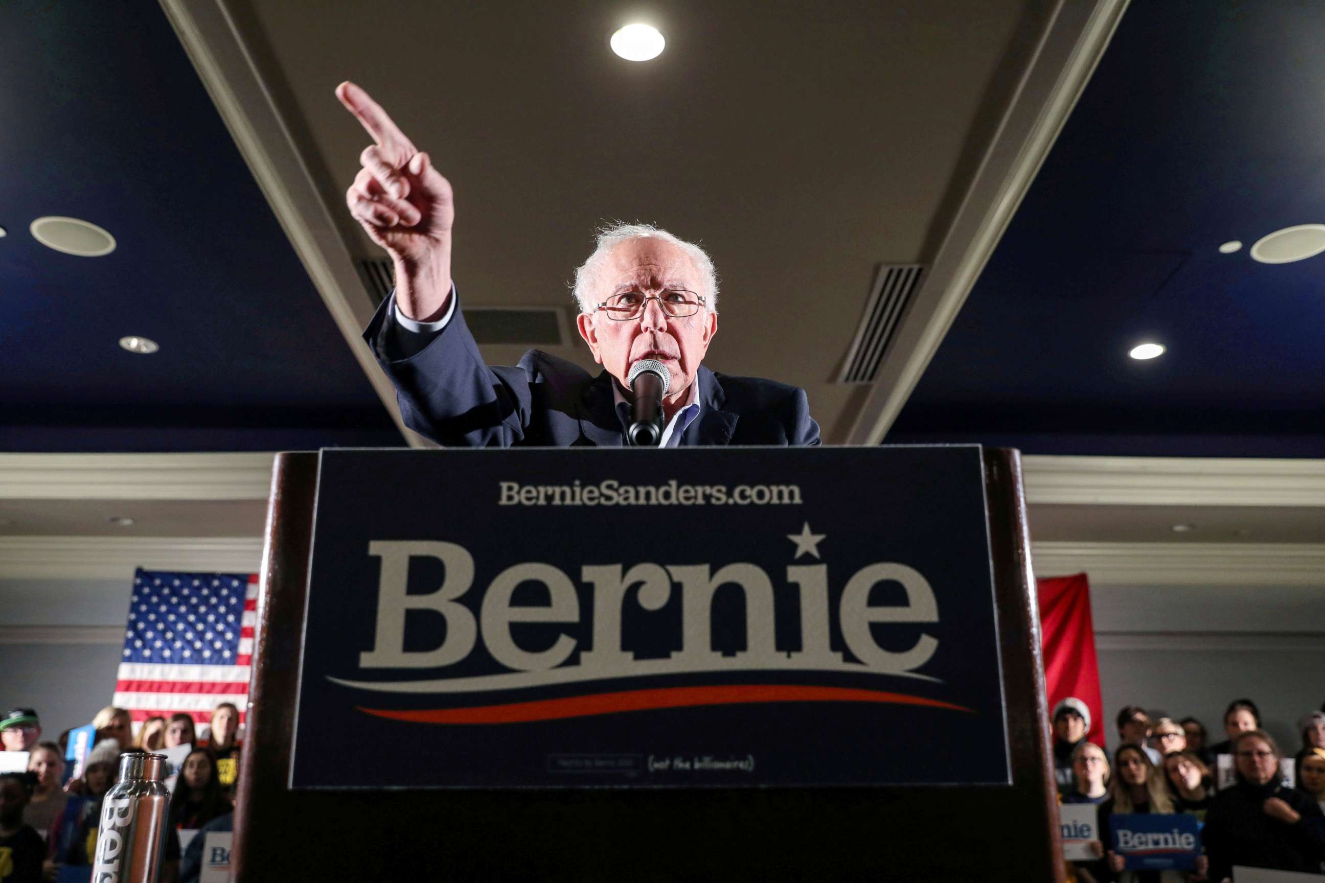 PHOTO: Democratic presidential candidate Senator Bernie Sanders hosts a climate rally with Rep. Rashida Tlaib and Rep. Ro Khanna in Iowa City, Iowa, Jan. 12, 2020.