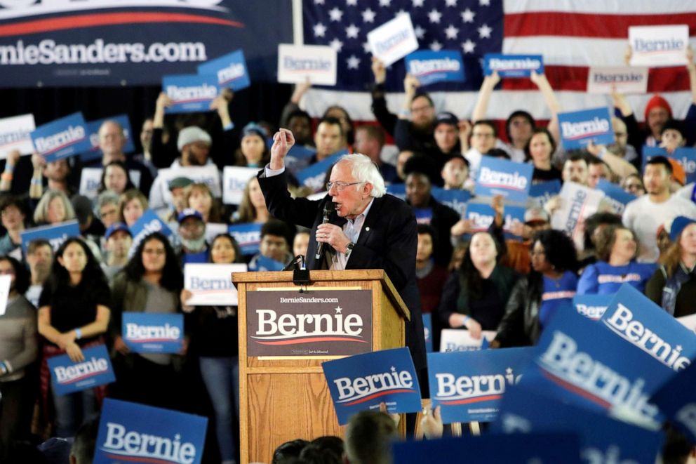 PHOTO: Democratic 2020 presidential candidate Senator Bernie Sanders speaks at a campaign rally in the Tacoma Dome in Tacoma, Washington, Feb. 17, 2020.