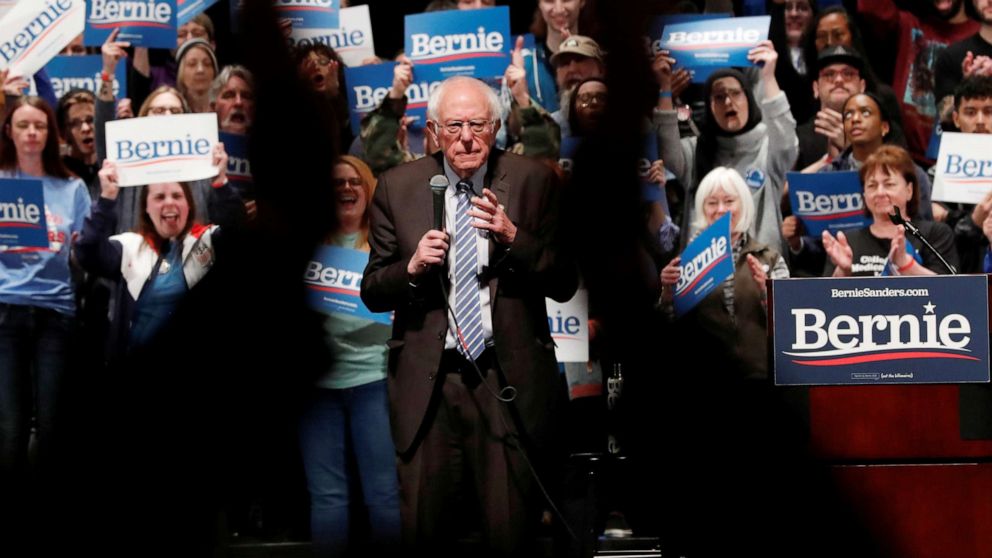 PHOTO: Democratic presidential candidate Bernie Sanders speaks during a rally in St Louis, Missouri, March 9, 2020.