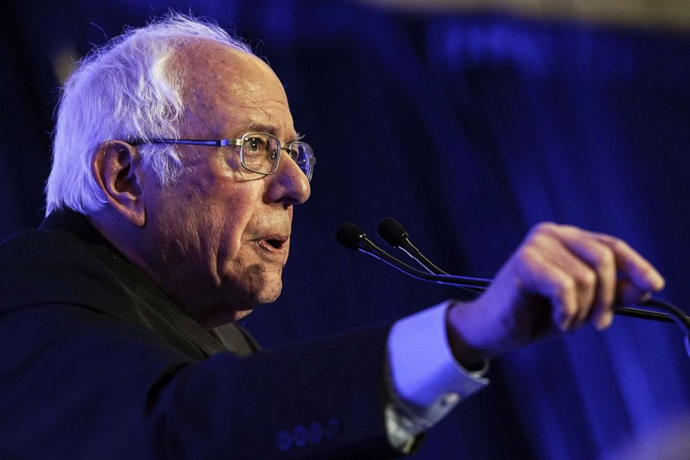 PHOTO: Democratic presidential candidate Sen. Bernie Sanders speaks at the South Carolina Democratic Party "First in the South" dinner on Feb. 24, 2020, in Charleston, S.C.