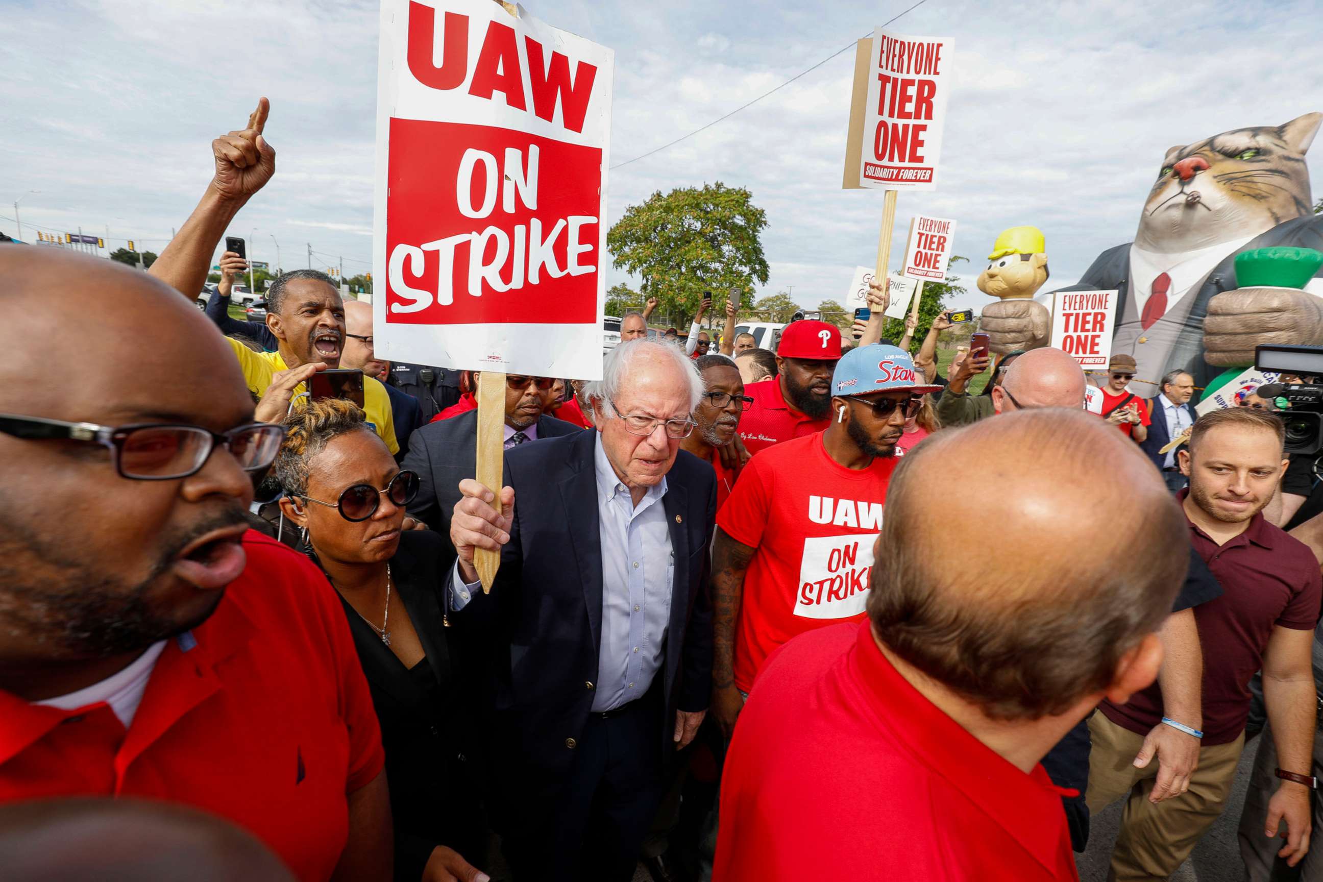 PHOTO: Democratic presidential candidate, Sen. Bernie Sanders, I-Vt., walks the picket line with striking United Auto Workers union members as they picket at the General Motors Detroit-Hamtramck Assembly Plant on Sept. 25, 2019, in Detroit.