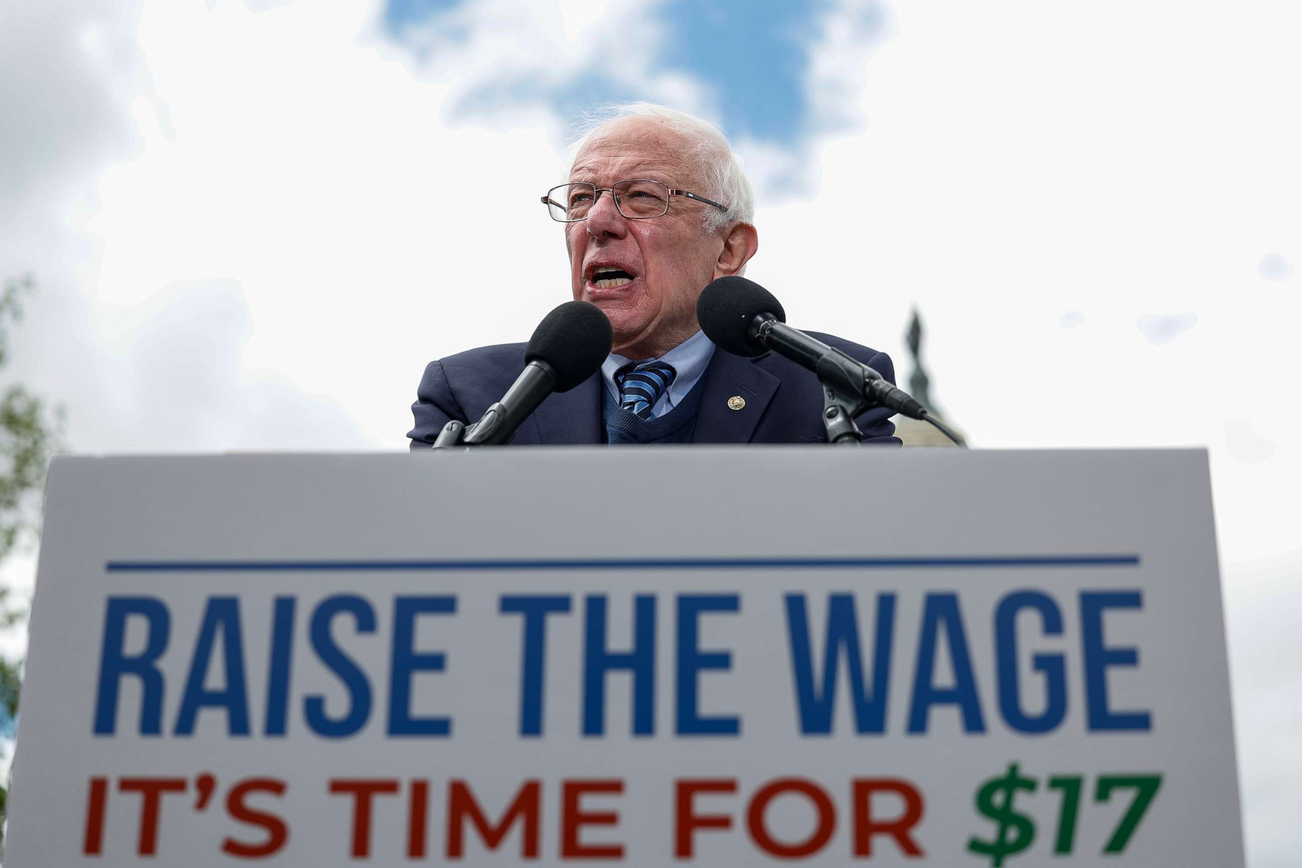 PHOTO: Sen. Bernie Sanders (I-VT) speaks at a press conference on raising the federal minimum wage outside the Capitol Building, May 04, 2023 in Washington, DC.