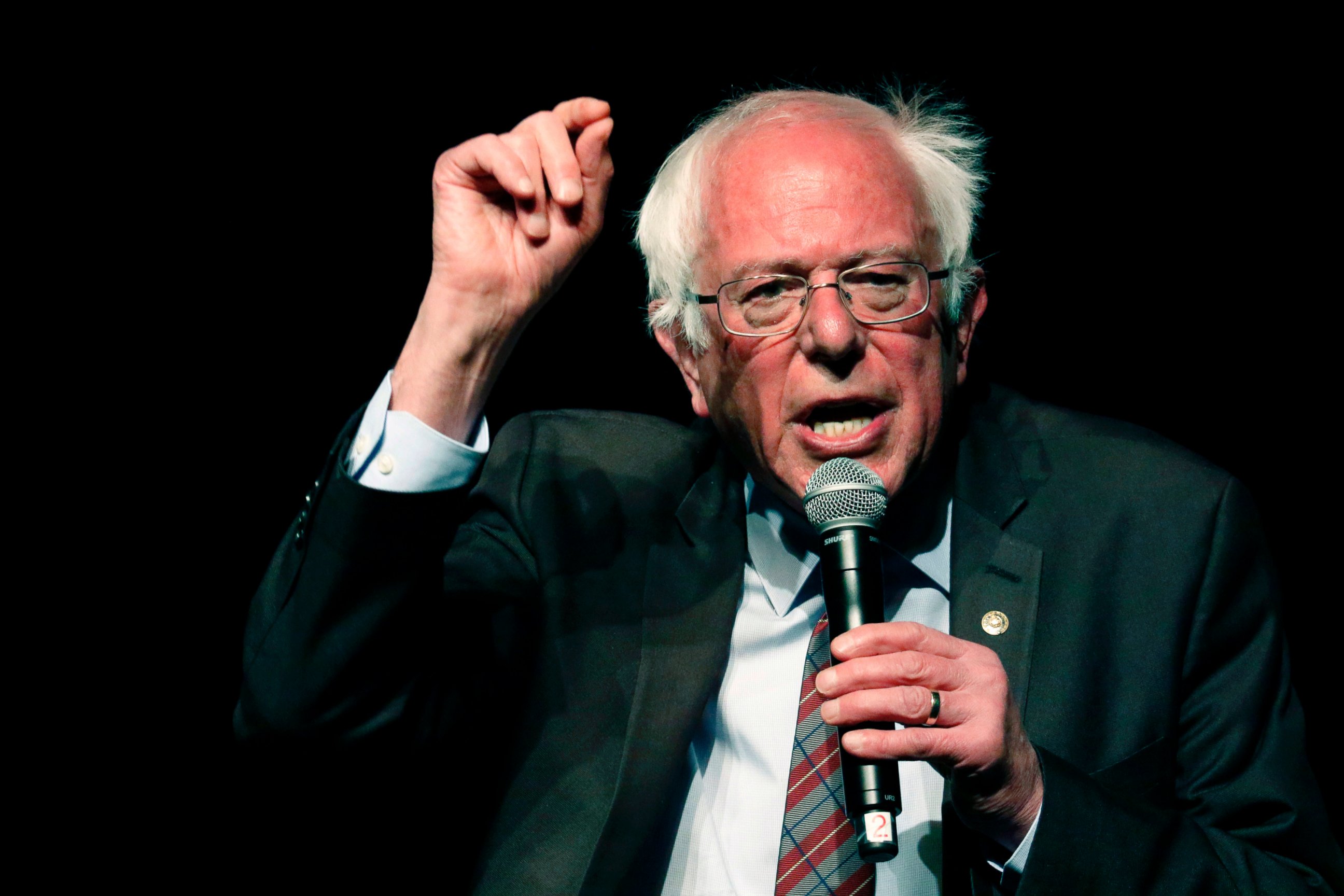 In this April 4, 2018 photo, Sen. Bernie Sanders, I-Vt., speaks on a question during a town hall meeting with Jackson Mayor Chokwe Antar Lumumba