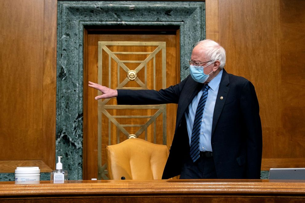 PHOTO: Sen. Bernie Sanders, I-Vt., chairman of the Budget Committee, gestures prior to a U.S. Senate Budget Committee hearing regarding wages at large corporations on Capitol Hill, February 25, 2021 in Washington, D.C. 