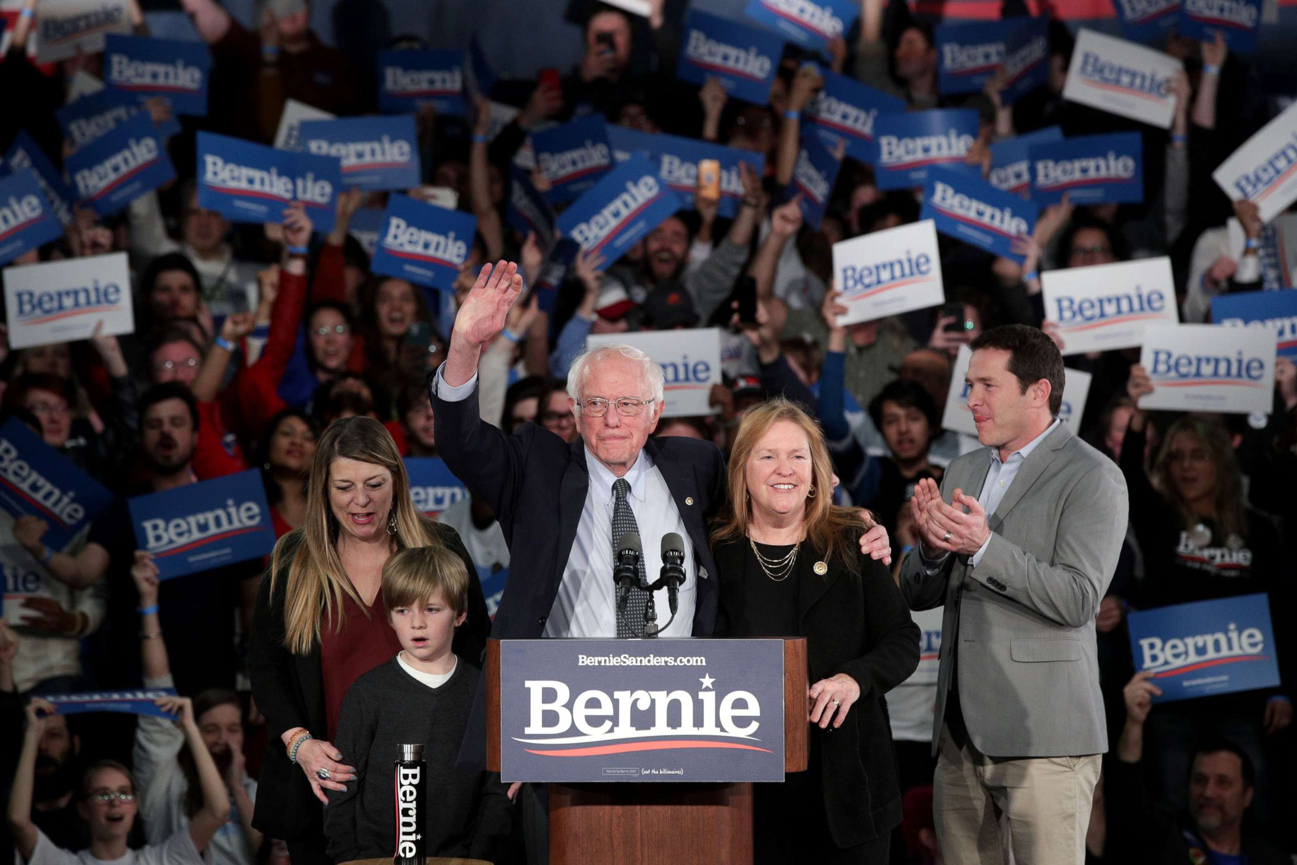 PHOTO: Democratic presidential candidate Sen. Bernie Sanders with his wife Jane Sanders and family addresses supporters during his caucus night watch party on Feb. 03, 2020 in Des Moines, Iowa.