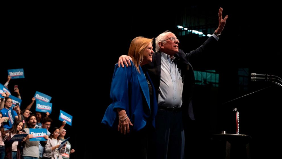 PHOTO: Democratic presidential hopeful Vermont Senator Bernie Sanders waves as he leaves the stage with his wife Jane O'Meara Sanders after speaking during a rally at the Abraham Chavez Theater on February 22, 2020 in El Paso, Texas.
