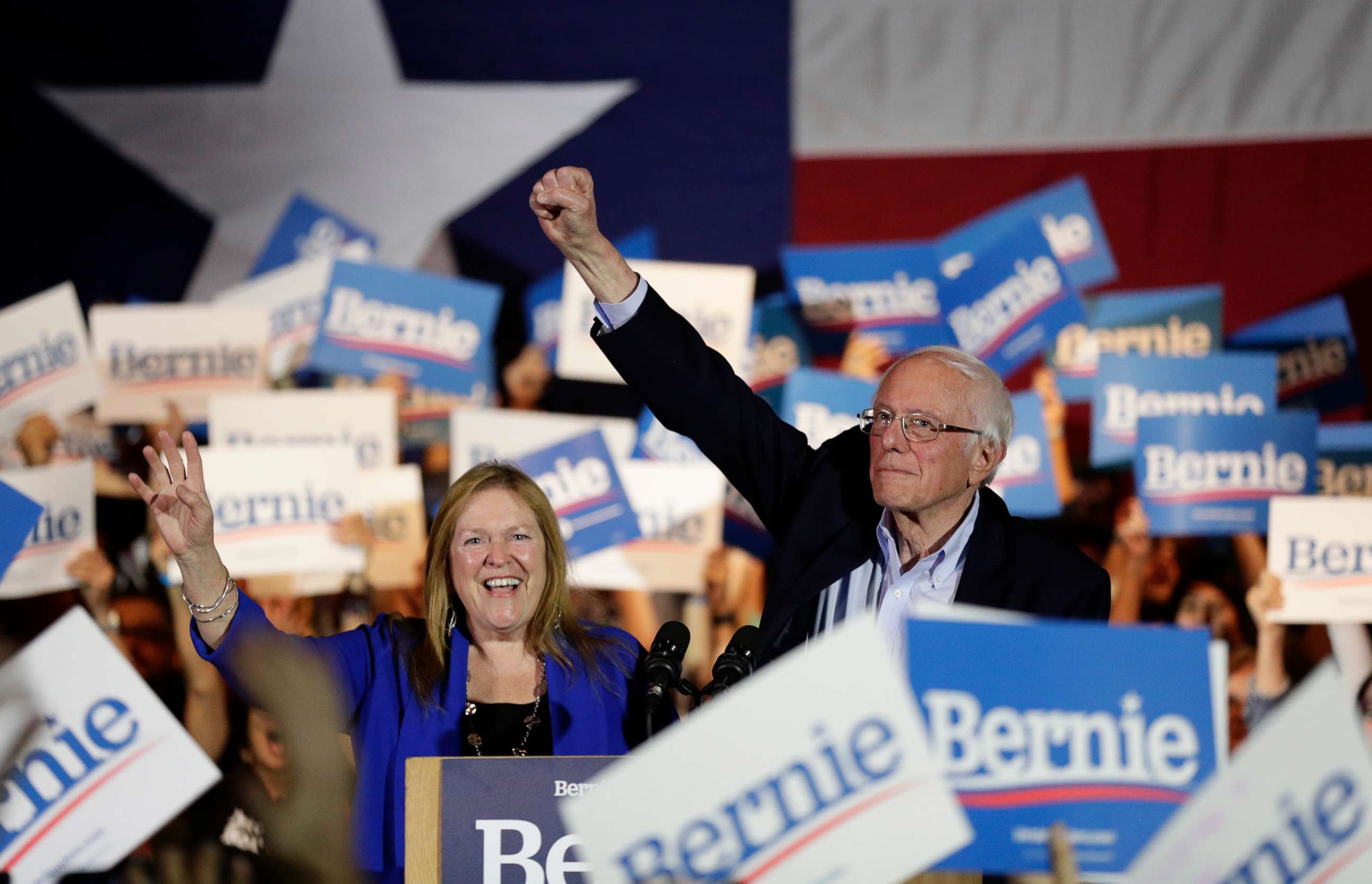 PHOTO: Democratic presidential candidate Sen. Bernie Sanders, I-Vt., right, with his wife Jane, raises his hand as he speaks during a campaign event in San Antonio, Feb. 22, 2020.