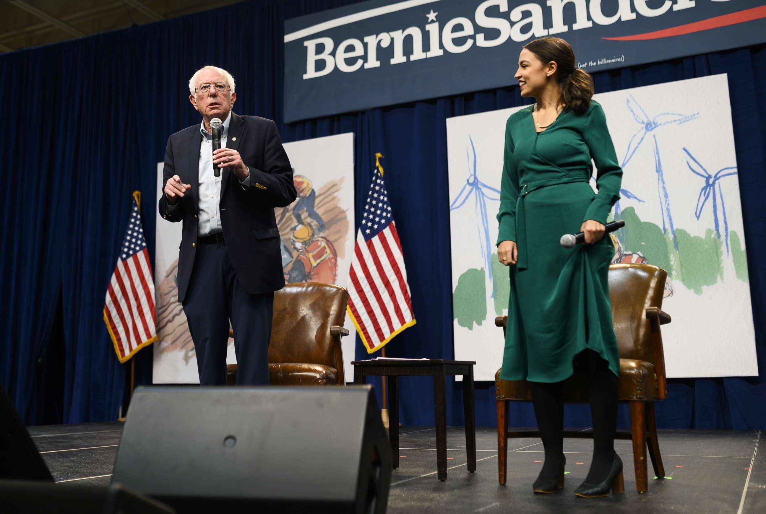 PHOTO: Sen. Bernie Sanders, I-Vt., and Rep. Alexandria Ocasio-Cortez, D-N.Y., field questions from audience members at the Climate Crisis Summit at Drake University Nov. 9, 2019 in Des Moines, Iowa.