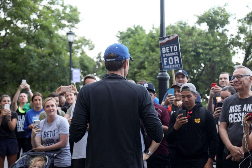 PHOTO: Beto O'Rourke, former Representative from Texas and 2020 Democratic presidential candidate, speaks to supporters before participating in a Pride Run with LGBTQ members and allies in New York, June 12, 2019. 