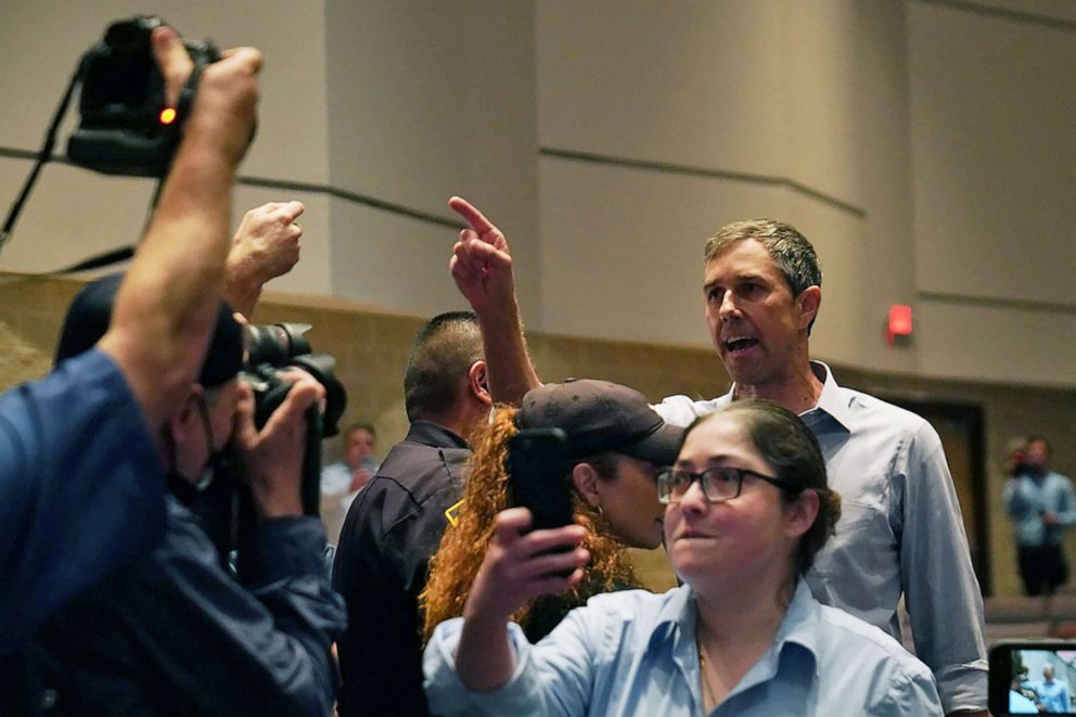 PHOTO: Texas Democratic gubernatorial candidate Beto O'Rourke disrupts a press conference held by Governor Greg Abbott the day after a gunman killed 19 children and two teachers at Robb Elementary school in Uvalde, Texas, May 25, 2022. 