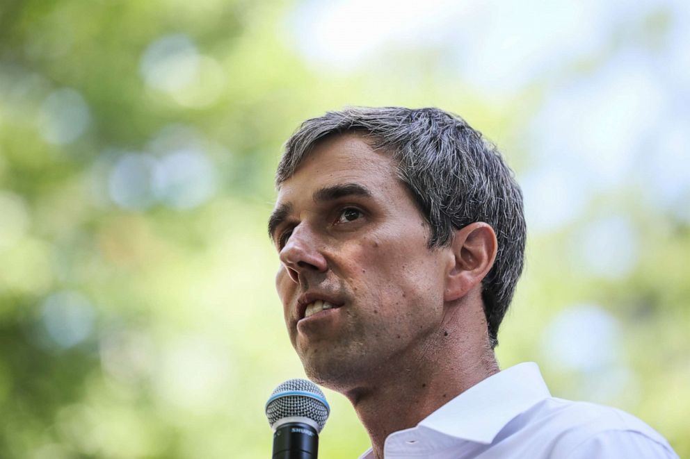 PHOTO: Democratic presidential candidate, former Rep. Beto O'Rourke pauses while speaking at the Manchester Democrats annual Potluck Picnic at Oak Park in Manchester, N.H.,July 13, 2019. 