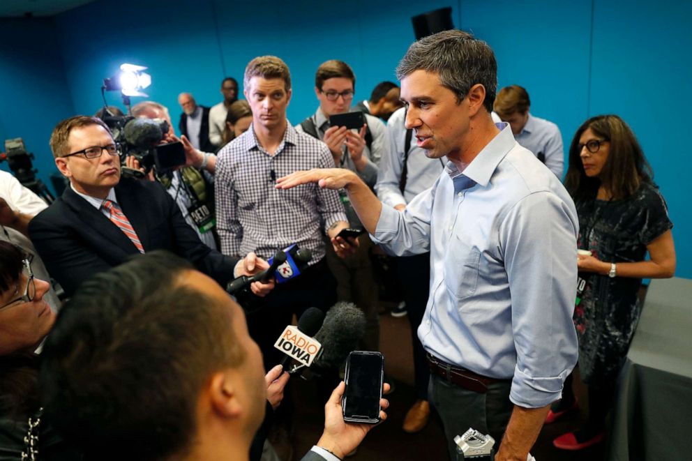 PHOTO: In this May 6, 2019, file photo, presidential candidate Beto O'Rourke speaks to reporters following a roundtable discussion on climate change in Des Moines, Iowa. 