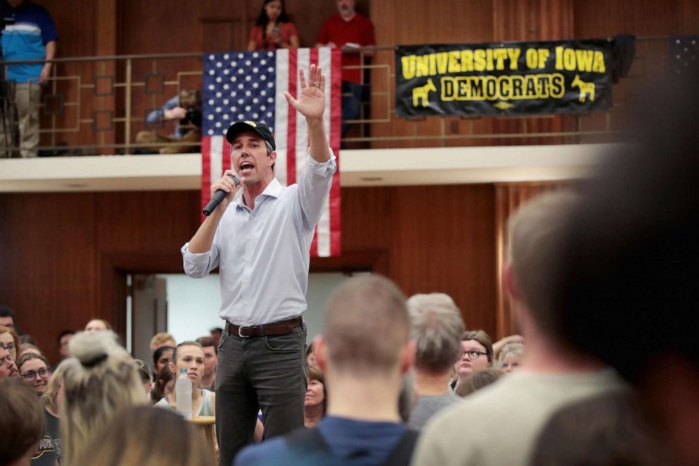 PHOTO: Democratic presidential candidate Beto O'Rourke speaks during a campaign rally at the University of Iowa, April 7, 2019, in Iowa City, Iowa. 