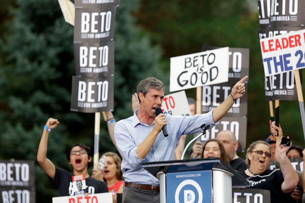 PHOTO: Democratic presidential candidate, former Rep. Beto ORourke (D-TX) speaks during the Democratic Polk County Steak Fry, Sept. 21, 2019, in Des Moines, Iowa. 