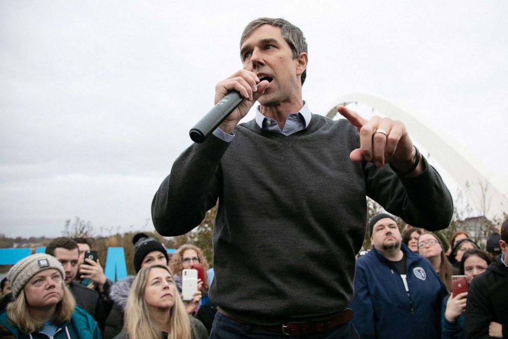 PHOTO: Democratic presidential candidate and former Rep. Beto O'Rourke speaks to supporters after he announced he was dropping out of the presidential race, Nov. 1, 2019, in Des Moines, Iowa.