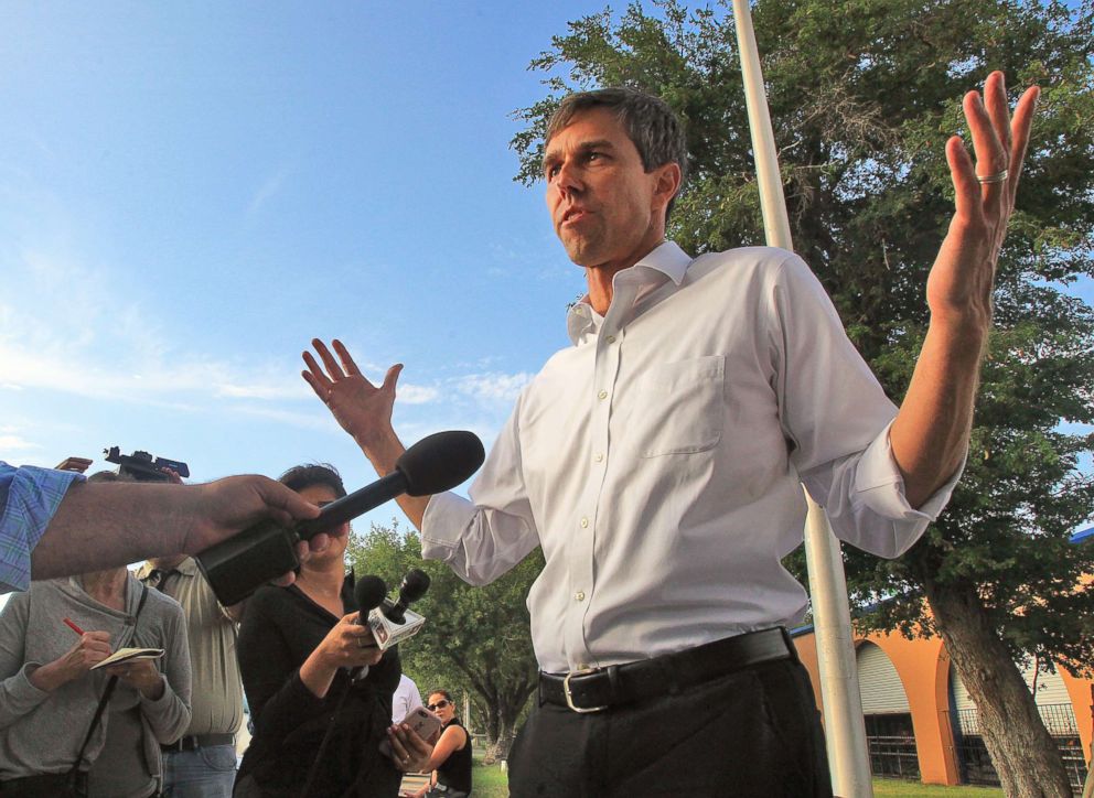 PHOTO: Candidate for U.S. Senate from Texas, Beto O'Rourke speaks during a news conference at the Hidalgo Memorial Park in Hidalgo, Texas, Monday, June 11, 2018.