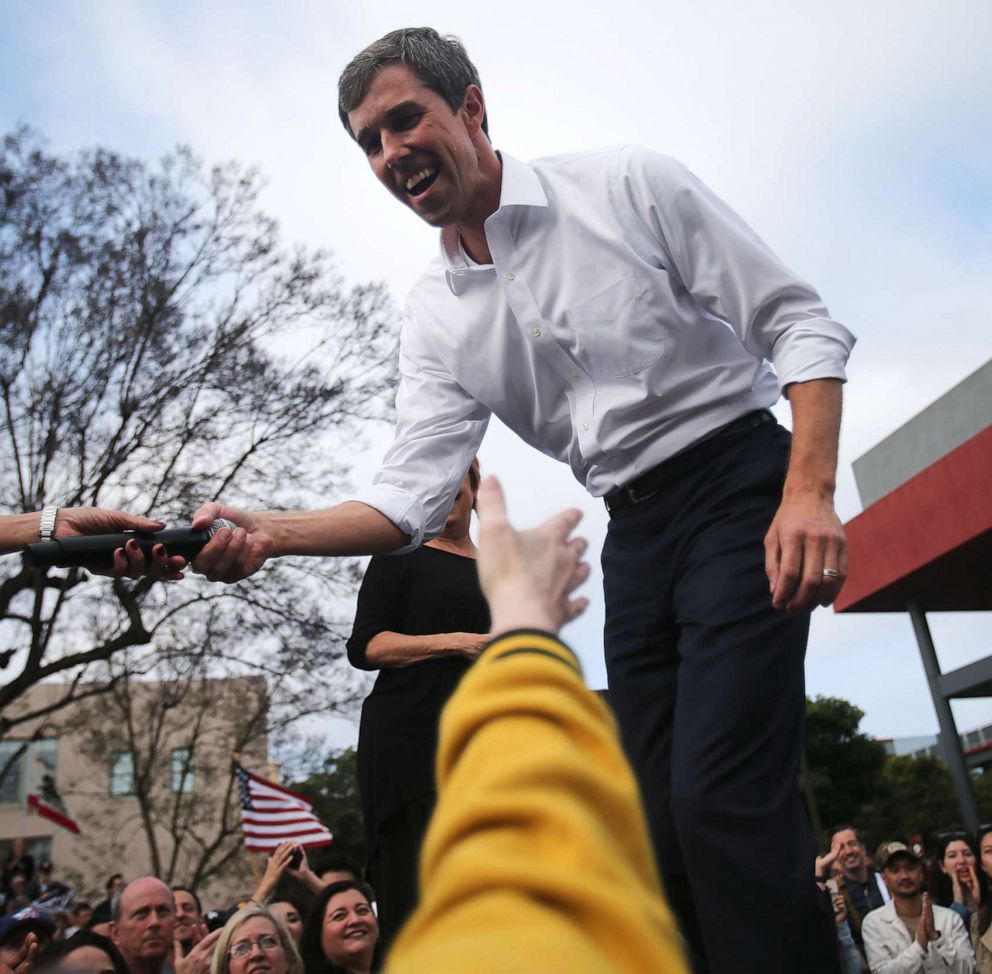 PHOTO: Democratic presidential candidate former Rep. Beto O'Rourke shakes hands at his first California campaign rally, held at Los Angeles Trade-Technical College, on April 27, 2019, in Los Angeles.