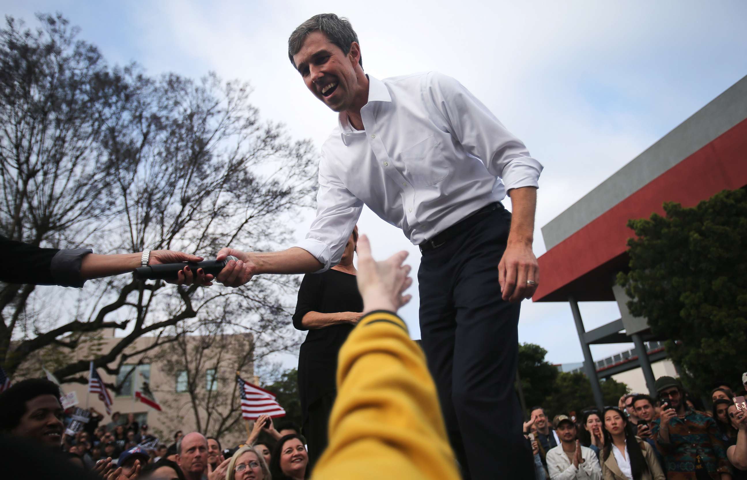 PHOTO: Democratic presidential candidate former Rep. Beto O'Rourke shakes hands at his first California campaign rally, held at Los Angeles Trade-Technical College, on April 27, 2019, in Los Angeles.