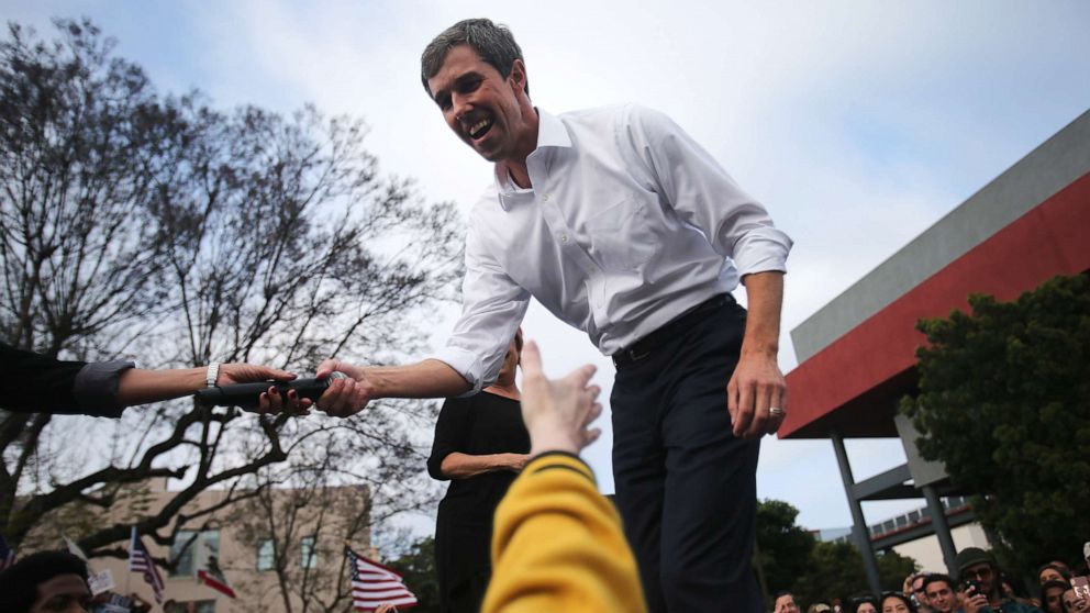PHOTO: Democratic presidential candidate former Rep. Beto O'Rourke shakes hands at his first California campaign rally, held at Los Angeles Trade-Technical College, on April 27, 2019, in Los Angeles.