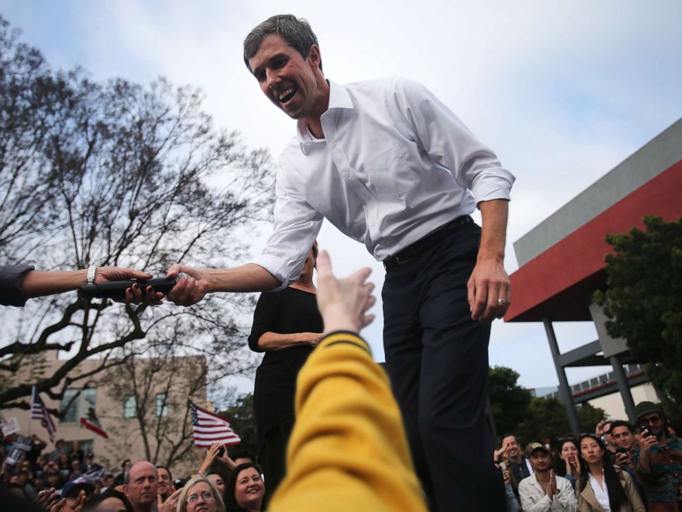 PHOTO: Democratic presidential candidate former Rep. Beto ORourke shakes hands at his first California campaign rally, held at Los Angeles Trade-Technical College, on April 27, 2019, in Los Angeles.