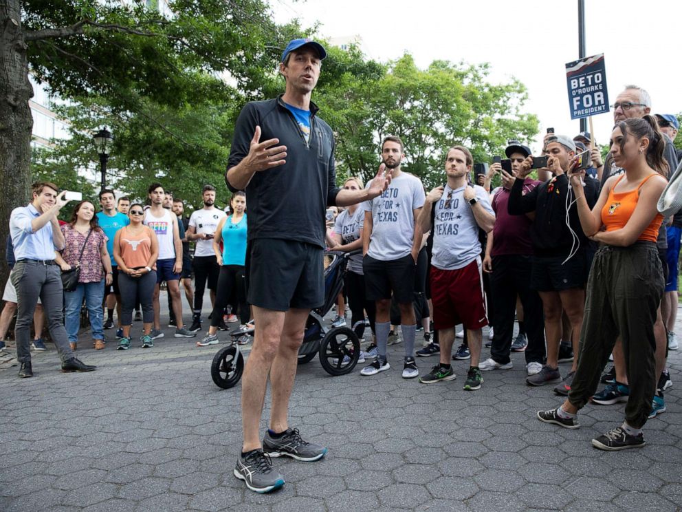 PHOTO: Democratic presidential candidate Beto ORourke talks to members and friends of the LGBTQ community before participating in a 2-mile run, June 12, 2019 in New York.