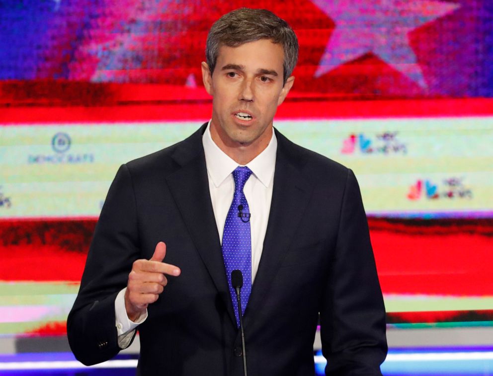 PHOTO: Democratic presidential candidate former Texas Rep. Beto O'Rourke gestures during a Democratic primary debate hosted by NBC News at the Adrienne Arsht Center for the Performing Arts, June 26, 2019, in Miami.