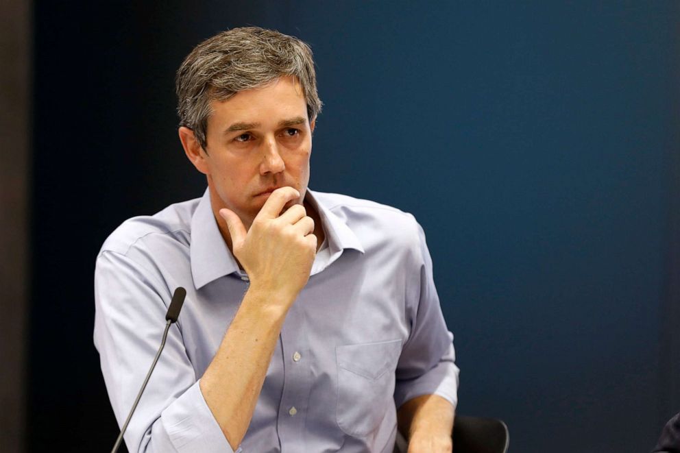 PHOTO: Democratic presidential candidate and former Texas Congressman Beto O'Rourke listens to a speaker during a roundtable discussion on climate change, May 6, 2019, in Des Moines, Iowa.