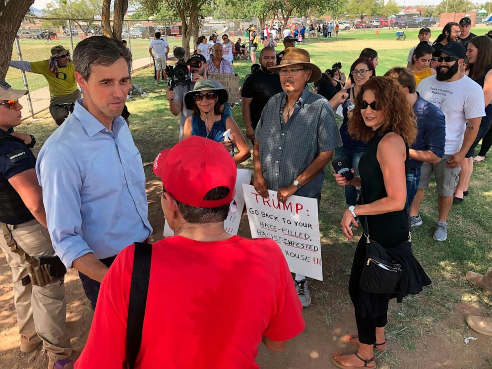 PHOTO: Democratic presidential candidate Beto O'Rourke meets with residents of El Paso, Texas, after a community "unity" rally a few blocks from the University Medical Center of El Paso where victims of Saturday's shooting are being treated, Aug. 7, 2019.