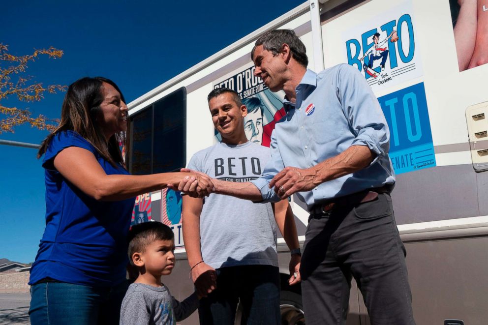 PHOTO: Rep. Beto O'Rourke speaks to constituents outside of a polling location at Nixon Elementary School in El Paso, Texas, Nov. 6, 2018.