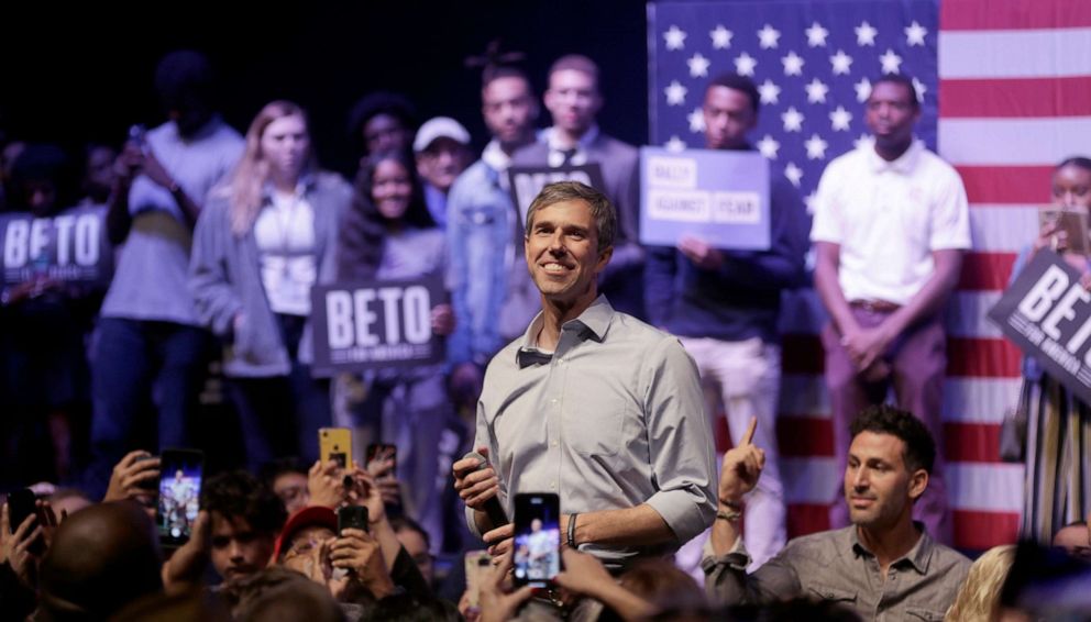 PHOTO: Democratic presidential candidate, former Rep. Beto O'Rourke (D-TX) speaks during a campaign rally, Oct. 17, 2019, in Grand Prairie, Texas.