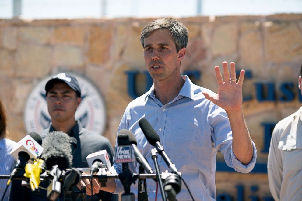 PHOTO: Texas Congressman Beto O'Rourke addresses the press, June 23, 2018, in Tornillo, Texas.