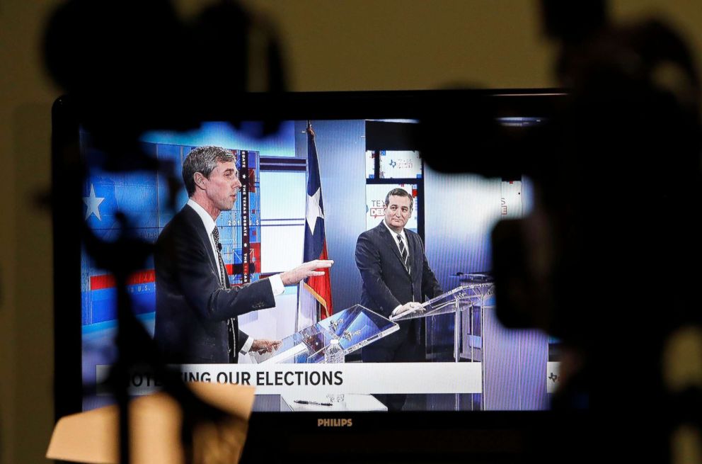 PHOTO: A television shows the last scheduled debate between candidates for the Senate, Beto ORourke and Senator Ted Cruz, in San Antonio, Oct. 16, 2018.