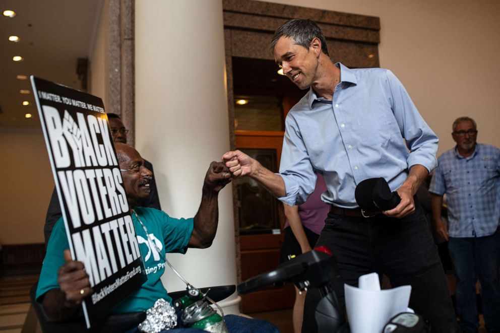 Former U.S. Rep. Beto O'Rourke, D-Texas, greets someone outside of a Texas legislative committee's hearing on election integrity bills at the State Capitol on July 10, 2021 in Austin. 