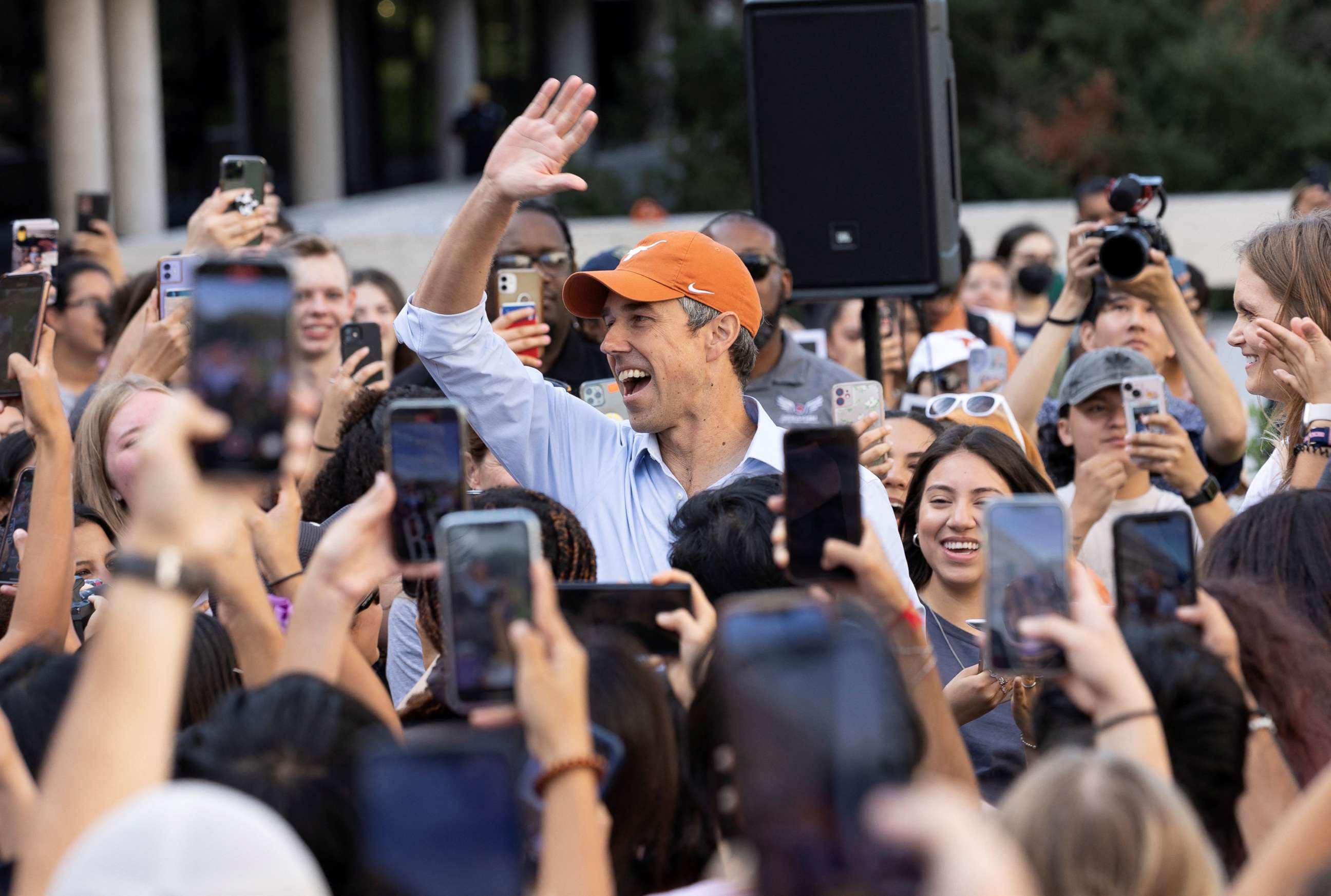 PHOTO: Candidate for Texas Governor, Beto O'Rourke, attends a rally at the LBJ Library at the University of Texas as he kicks off a 15-college visit ahead of the midterm elections in Austin, Texas, Sept. 26, 2022. 
